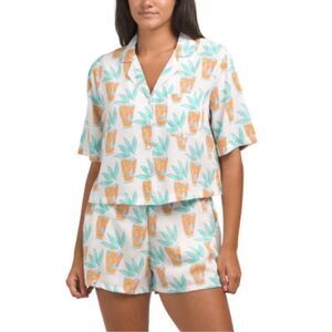 Bouffants & Broken Hearts L White Teal Orange Lemonade Print PJ Short Set